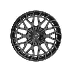 GLOSS BLACK BOLT ON COVER CAP WITH BLACK EMBLEM AND BRUSHED "MOTIV" LOGO FOR MOTIV 442